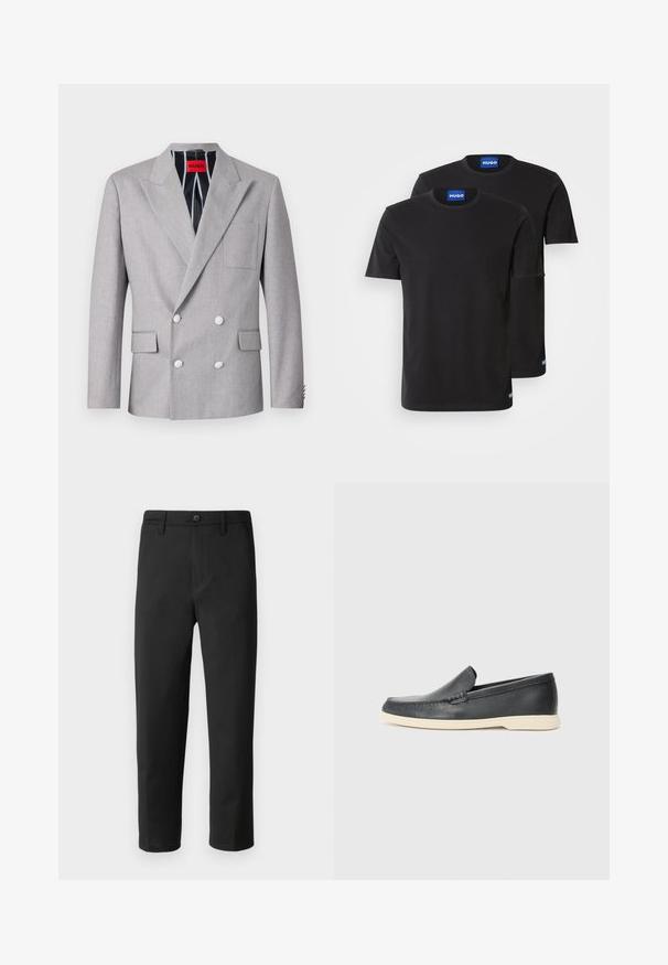 Siva dvoredna blazer jakna iz teksturirane tkanine. Ima ukošene reverje, dve sprednji žepu in bele gumbe. Podložena je s črtastim vzorcem.; Dve črne bombažne majice s kratkimi rokavi in okroglim izrezom, z modrimi oznakami "HUGO" na ovratnikih in stranskih robovih.; Črne hlače s ravnim krojem, izdelane iz gladkega materiala. Imajo gumbe za zapiranje in zanke za pas. Brez vidnih vzorcev ali dodatkov.; Črne usnjene natikače z teksturiranim zaključkom in kontrastno bež gumo na podplatu. Imajo subtilen naglas vzdolž sprednje strani.