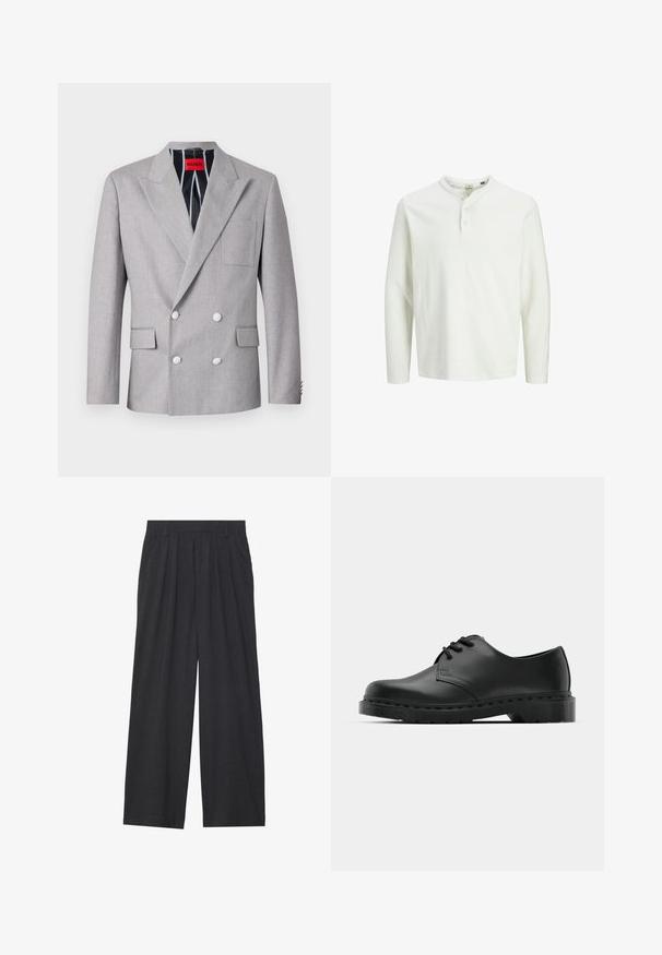 Siva dvoredna blazer jakna iz teksturirane tkanine. Ima ukošene reverje, dve sprednji žepu in bele gumbe. Podložena je s črtastim vzorcem.; Bela dolga majica henley s tremi gumbi in okroglim izrezom, prikazana na enobarvni beli podlagi.; Široke hlače iz temno sive tkanine. Imajo nabore na pasu, prilagojen dizajn in ravno silhueto.; Črne usnjene oksford čevlje z vezalkami, zaobljenim prstom, ravnim gumijastim podplatom in diskretnim šivanjem po zgornjem delu.