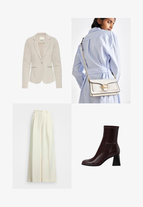 Beige jakke med en tætsiddende silhuet, enkelt knaplukning, notched revers og to forlommer. Tekstureret stof med subtilt mønster.; Bluse i blondestof i off-white med indviklede mønstre, lange ærmer, knaplukning foran og mandarin krave. Fint trim ved manchetterne.; Bredde benbukser i off-white stof, med høj talje, dobbelte plisseringer og knaplukning. Glat tekstur og skræddersyet design.; Stradivarius BLOCK - Støvletter - dark red; Hvid læder håndtaske med guldfarvede detaljer, en frontlås og sort kant, forsynet med en kædedyse, der bæres crossbody over en lyseblå skjorte.