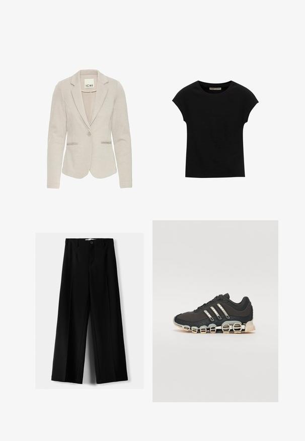 Beige blazer met een getailleerde silhouet, één knoopsluiting, notch-revers en twee voork pocket. Gestructureerde stof met een subtiel patroon.; Zwarte korte mouwen t-shirt gemaakt van zachte stof, met een ronde halslijn en een ontspannen pasvorm, met een gladde textuur en zonder patronen.; Zwarte wijde broek van lichtgewicht stof, met een knoopsluiting aan de voorkant en een vlakke achterkant, afgewerkt met keurig gestikte zoom.; Zwarte sportschoen met een gestructureerde bovenkant, drie zilveren strepen en een kenmerkende dempingszool met meerdere geïntegreerde secties.