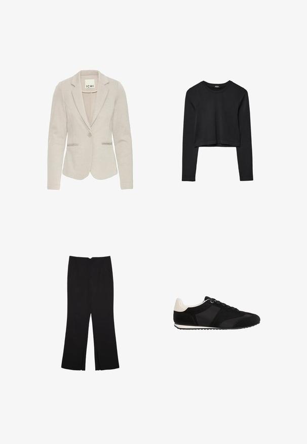 Beige jakke med en tætsiddende silhuet, enkelt knaplukning, notched revers og to forlommer. Tekstureret stof med subtilt mønster.; Sort langærmet cropped top med rund halsudskæring, ensfarvet design og let buet kant.; Sorte bukser med lige pasform, der har frontlommer og slidser i kanten. Lavet af blødt, glat stof. Velegnet til forskellige anledninger.; Sorte atletiske sko med en tekstureret ruskinds-overdel, glatte syntetiske detaljer og en kontrasterende cremet hæl. Har traditionelle snørebånd og en gummisål.