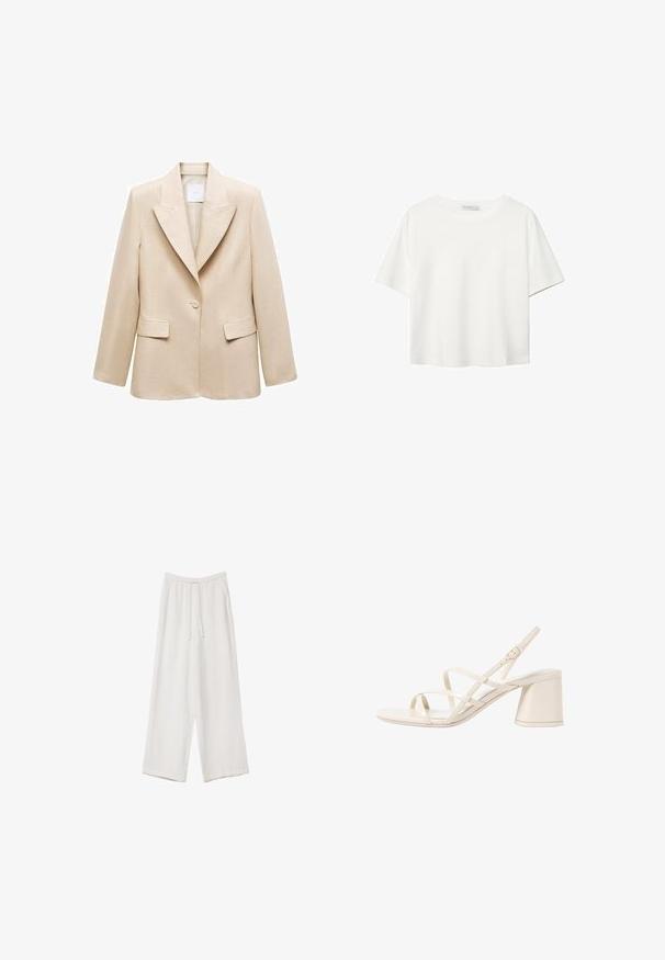 Mango Kratka jakna - sand; Bijela majica kratkih rukava od pamuka. Ima okrugli izrez i opušteni kroj. Glatka tekstura bez vidljivih uzoraka ili naglasaka.; Bijele hlače širokih nogavica napravljene od lagane tkanine. Imaju elastičan pojas s ušicom i bočne džepove. Glatka tekstura.; Bež sandale na visoku petu sa trakama, zaobljenim otvorenim prstom i srednjom blok petom. Imaju prilagodljivu traku oko gležnja i glatku, sjajnu površinu.