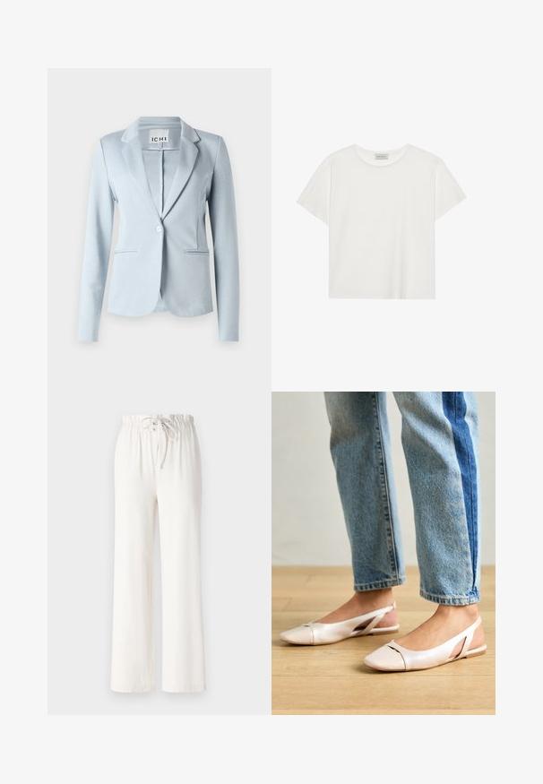 Blazer ajustado em azul claro com frente de dois botões, lapelas simples e dois bolsos frontais. Textura suave e corte estruturado.; T-shirt branca de manga curta feita de algodão macio. Apresenta um decote redondo e um corte descontraído. Design limpo sem padrões ou detalhes visíveis.; Calças largas brancas feitas de tecido macio, com uma cintura elástica e textura suave. Sem padrões ou adornos visíveis.; Sapatilhas slingback de cor rosa pálido com bico fino, feitas de um material semelhante a couro liso. Apresentam detalhes recortados nas laterais e um salto plano.
