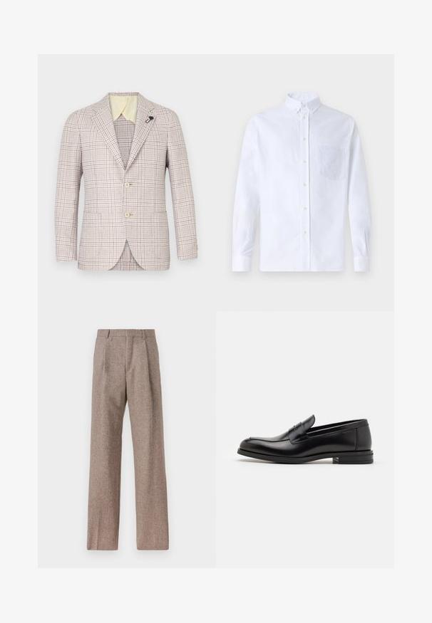 Bež karirani sako s dva gumba, reverima i malom crnom označiteljicom. Teksturirana tkanina, svijetlo žuti unutrašnji ovratnik i dva prednja džepa.; Bijela košulja s dugim rukavima na dugme, izrađena od pamuka, s džepom na prsima s ton-sur-ton vezom, ovratnikom i dugmadi na manžetama.; Smeđe, hlače viskog struka od teksturiranog materijala. Imaju široke nogavice i dva prednja pregiba za strukturu. Uređen završetak bez vidljivih metalnih dijelova.; Crni kožni mokasini s glatkom teksturom, zaobljenim prstima i ukrasnom trakom preko prednjeg dijela. Niski slojeviti potplat, minimalistički dizajn.