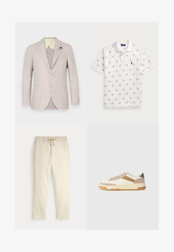 Krémová kostkovaná sako se dvěma knoflíky, klopovým límečkem a malou černou broží. Texturovaná tkanina, světle žlutý vnitřní límec a dvě přední kapsy.; Bílá polo tričko vyrobené z bavlny, s opakovaným modrým vzorem psů a malým modrým logem na hrudi. Krátké rukávy a límeček.; Krémové casual kalhoty s elastickým pasem a stahovací šňůrkou, rovné nohavice a boční kapsy na jednoduchém pozadí.; Tenisky v béžové, krémové a olivově zelené barvě, s materiály z jemné kůže a usně, kulatou špičkou, minimalistickým designem a gumovou podrážkou.