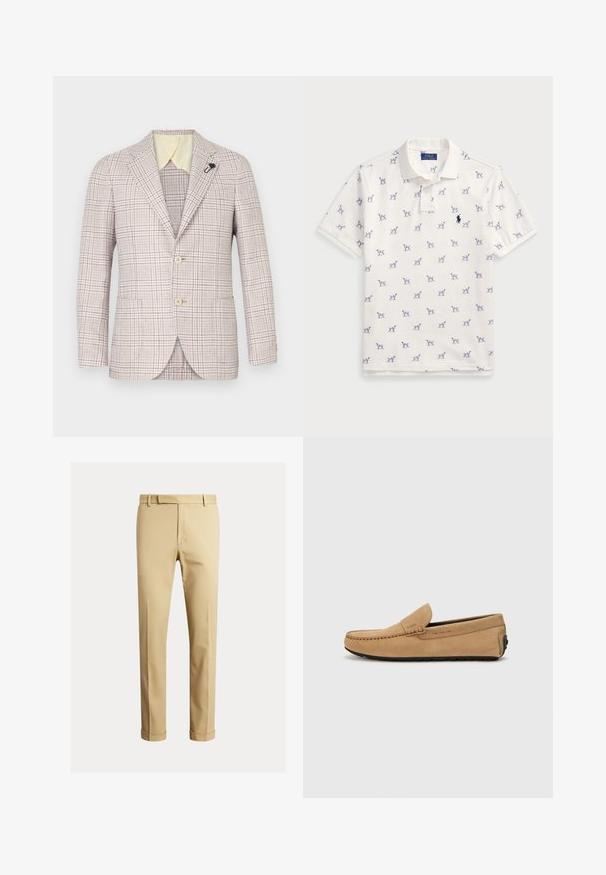 Beige geruite blazer met twee knopen, notch revers en een kleine zwarte speld. Textuurstof, lichtgele binnenkraag en twee voorzakken.; Witte polo gemaakt van katoen, met een herhaald blauw hondenpatroon en een klein blauw logo op de borst. Korte mouwen en kraag.; Khaki chinos van soepele katoenstof, met een slank ontwerp, voorplooien en boorden bij de enkel voor een taps toelopende uitstraling.; Beige suède moccasin met een gestikte neus, instapontwerp en zwarte rubberen zool. Heeft subtiele branding aan de zijkant.