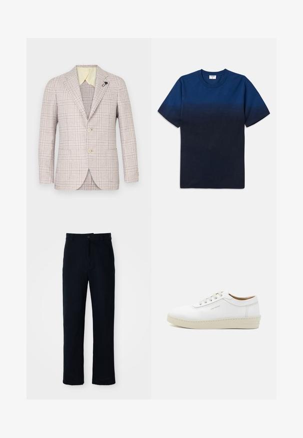 Beige plaid blazer with two buttons, notch lapels, and a small black pin. Textured fabric, light yellow inner collar, and two front pockets.; Navy blue cotton t-shirt with a round neck, short sleeves, and a subtle gradient design transitioning from lighter to darker shades.; Navy blue trousers made of cotton, featuring a straight-leg design, a front button closure, and classic waistband with belt loops.; White leather sneaker with a textured finish, round toe, beige rubber sole, and six grey lace eyelets, featuring subtle branding on the side.