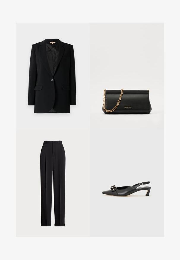 Blazer noir avec un seul bouton à l'avant, revers crantés, deux poches avant et une doublure intérieure à motifs. Coupe ajustée avec des manches longues.; Pull en coton sans manches noir avec un col rond. Il présente un petit logo blanc dans le coin inférieur gauche et des finitions côtelées.; Pantalons noirs ajustés à taille haute, dotés de plis à l'avant, d'une coupe droite et d'un ourlet à revers. Fabriqués en tissu lisse.; Chaussure slingback en cuir noir avec un bout pointu, un petit talon et un détail de boucle décoratif sur le dessus. Texture lisse, design minimaliste.; Sac à main en cuir noir avec une bandoulière en chaîne dorée, présentant une texture lisse, une forme rectangulaire et une marque embossée à l'avant.