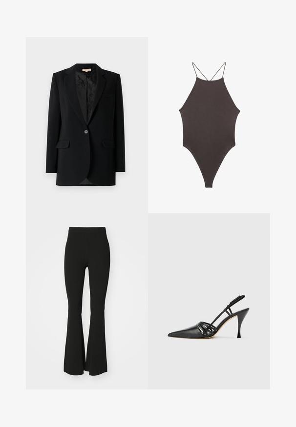 Črn blazer z enim sprednjim gumbom, z izrezanimi reversi, dvema sprednjima žepoma in vzorčasto notranjo oblogo. Prilagojen kroj z dolgimi rokavi.; Rjav, enodelni kopalke z visokim ovratnikom in tankimi nastavljivimi naramnicami; ima visok rez na nogah in gladko teksturo. Brez vzorcev ali okrasnih elementov.; Črne široke hlače iz raztegljive tkanine, z visokim pasom in gladko, brez okrasja površino. Preprost in prilegajoč se dizajn.; Črne usnjene visokoodporne čevlje s peto in koničastim prstom, zasnovo križnega traku in vitko stileto peto. Gladka tekstura in minimalni poudarki.