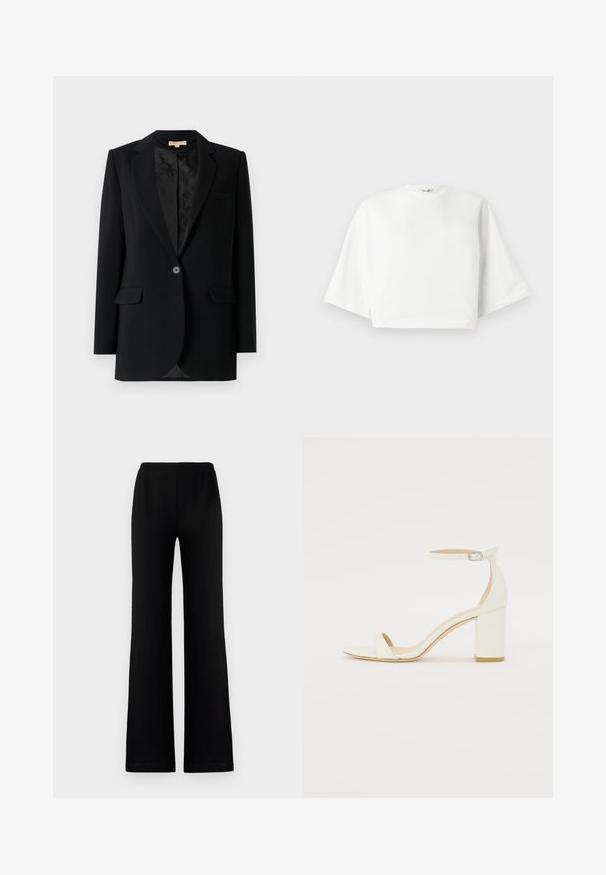 Juodas švarkas su vienu priekyje esančiu mygtuku, įpjovinėmis apykaklėmis, dviem priekinėmis kišenėmis ir raštuotu vidine pamušalu. Tinkamo dydžio su ilgomis rankovėmis.; Balta trumpa marškinėlių su laisvu siluetu, trumpos plačios rankovės, apvalus kaklas ir šoninės skeltos, pagaminta iš minkštos medvilnės medžiagos.; Juodos plačios kelnės, pagamintos iš minkštos medžiagos su elastingu liemeniu, pasižyminčios sklandžia tekstūra ir be matomų kišenių ar puošybos elementų.; Baltos odos blokinio kulno sandalai, su kulkšnies dirželiu ir sagtimi, minimalistinio dizaino. Atvira pirštų dalis ir sklandžios tekstūros visoje.