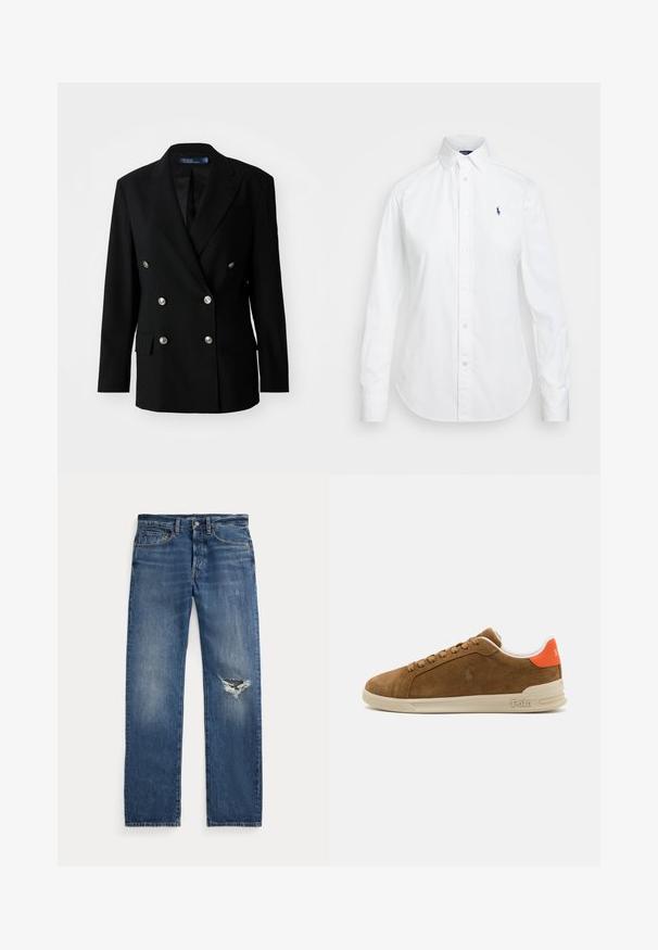 Czarny żakiet dwurzędowy z gładkiego materiału, z metalowymi guzikami, dwoma kieszeniami z przodu i klapami w kształcie notch.; Biała koszula zapinana na guziki z ostro zakończonym kołnierzykiem, długimi rękawami i małym niebieskim logo na lewej stronie klatki piersiowej. Wykonana z bawełnianej tkaniny.; Niebieskie dżinsy z średnim stanem, pięcioma kieszeniami i postrzępionym przetarciem na prawym kolanie.; Brązowe zamszowe sneakersy z kremową gumową podeszwą, z pomarańczowymi akcentami na pięcie oraz małym detalem z logo z boku.