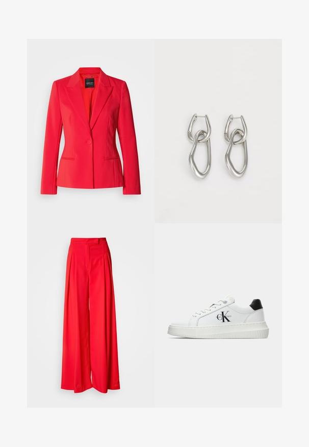 Roter maßgeschneiderter Blazer mit einem Einzelknopf-Verschluss, Reverskragen, zwei Seitentaschen und glattem, geschmeidigem Stoff.; Weißes ärmelloses Tanktop aus glattem Stoff mit runder Ausschnittlinie und taillierter Silhouette. Keine sichtbaren Muster oder Akzente.; Rote weit geschnittene Hosen aus glattem Stoff, mit vorderen Falten, flachem Bund und taillierter Passform. Das Design betont eine fließende Silhouette.; Weiße Low-Top-Sneaker mit schwarzem Fersenpatch, Plateau-Sohle, Schnürsenkeln und Calvin Klein "CK"-Logo an der Seite.; Calvin Klein STATEMENT LINKS - Ohrringe - silver-coloured