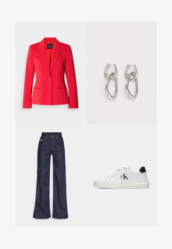 Rød skræddersyet blazer med enkelt knaplukning, spidse revers, to sidelommer og en glat, jævn stofoverflade.; Hvid bomulds T-shirt med et trykt illustrativt motiv af to kvinder i urban mode med en hund på et fodgængerfelt og bybygninger.; Mørkeblå bredbenede jeans i denimstof med høj talje, prydet med orange stikninger, fem-lomme design og knaplukning.; Hvide lavtoppede sneakers med sort hælkænke, platformssål, snørebånd og Calvin Klein "CK" logo på siden.; Calvin Klein STATEMENT LINKS - Øreringe - silver-coloured