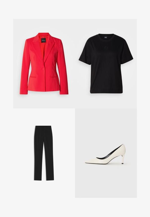 Blazer rosso su misura con chiusura a un pulsante, revers a punta, due tasche laterali e tessuto liscio e raffinato.; Maglietta in cotone nera con scollatura tonda, maniche corte e logo ricamato sul petto. Design semplice e vestibilità rilassata senza motivi.; Pantaloni neri su misura con un design a gamba dritta, dotati di tasche frontali e un tessuto liscio e strutturato. Dettagli ordinati e minimalisti.; Pump in vernice bianca con tacco alto, punta affilata e dettagli interni neri. Texture liscia e design elegante.