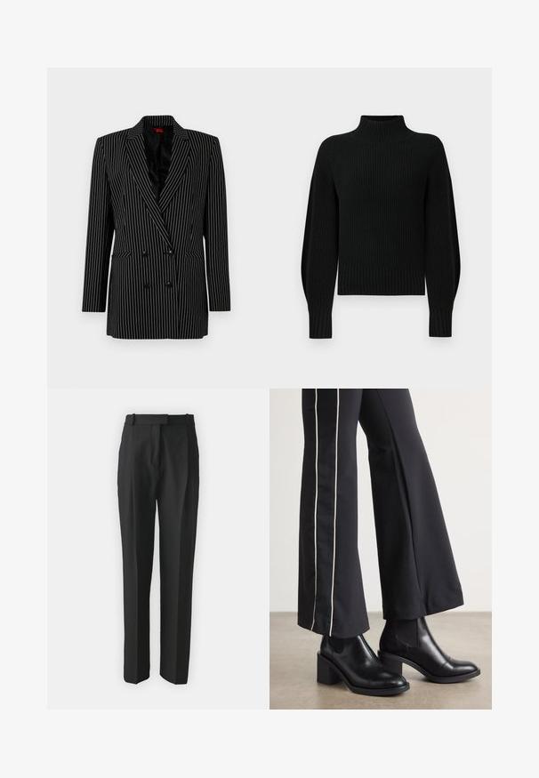 Black double-breasted blazer with white pinstripes, sharp lapels, long sleeves, textured fabric, and front pockets.; Black knit sweater with a high collar, ribbed texture, and raglan sleeves. The body is slightly cropped with a thick ribbed hem.; Black tailored trousers made from lightweight fabric, featuring a straight cut, flat front, and belt loops. Smooth texture with no visible patterns.; Black leather ankle boots with a block heel, featuring elastic side panels. Paired with black pants that have a white side stripe.