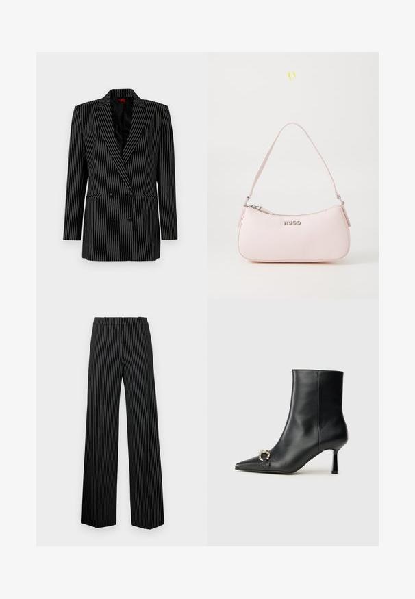 Sort dobbeltræs blazer med hvide striber, skarpe revers, lange ærmer, tekstureret stof og forlommer.; Lys blå stribet langærmet skjorte lavet af bomuld, med spidse kraver, knaplukning og et broderet logo på brystet.; Sorte bredbensbukser med hvide lodrette striber. Har en flad talje og lige afslutninger, lavet af et glat, let materiale.; Sort læder ankelstøvle med spidse tæer, slank hæl i mellemhøjde og sølvspænde detaljer på siden mod en ensfarvet baggrund.; Rosa læderhåndtaske med et buet design, lynlåslukning og skulderrem. Har et sølvlogo foran.