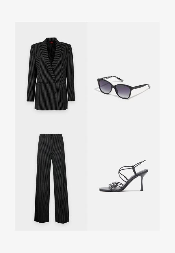 Fekete, dupla gombolású blézer fehér csíkokkal, éles hajtókákkal, hosszú ujjakkal, texturált anyaggal és elülső zsebekkel.; Világoskék csíkozott, hosszú ujjú pamut ing, hegyes gallérral, gombos záródással és hímzett logóval a mellkasán.; Fekete, széles lábú nadrág fehér függőleges csíkokkal. Lapos derékpánttal és egyenes szegéllyel rendelkezik, sima, könnyű anyagból készült.; Fekete magas sarkú szandálok vékony pántokkal, csomózott mintával, sima négyzetes orral és karcsú stiletto sarkal rendelkeznek.; Fekete napszemüveg, fokozatos árnyalatú lencsékkel, négyzet alakú, és mintás fekete-fehér szárakkal. Ezüst logó díszítéssel rendelkezik.