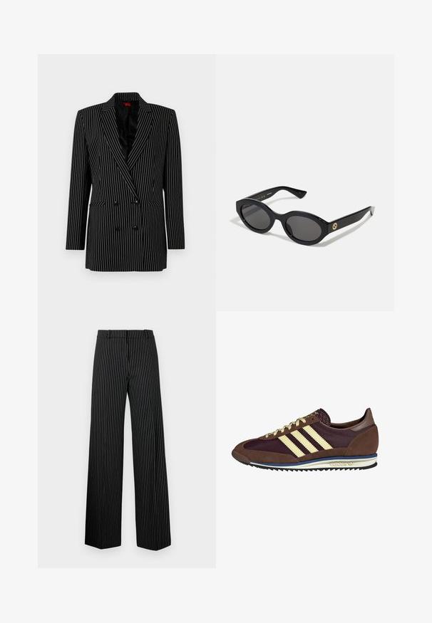 Sort dobbeltræs blazer med hvide striber, skarpe revers, lange ærmer, tekstureret stof og forlommer.; Lys blå stribet langærmet skjorte lavet af bomuld, med spidse kraver, knaplukning og et broderet logo på brystet.; Sorte bredbensbukser med hvide lodrette striber. Har en flad talje og lige afslutninger, lavet af et glat, let materiale.; Brune og bordeaux sneakers lavet af ruskind og mesh-materialer, med tre cremefarvede striber, tekstureret stof på tungen, og en gummisål.; Sorte ovale solbriller med mørke linser og blank plastramme. Har et guldlogo på stykket, hvilket giver et slankt og moderne design.