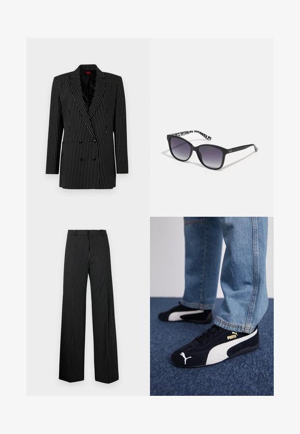 Sacou negru cu două rânduri de nasturi, cu dungi alb-striate, lauri ascuțiți, mâneci lungi, țesătură texturată și buzunare frontale.; Cămașă cu mânecă lungă, de culoare albastru deschis și dungi, din bumbac, având un guler în vârf, închidere cu butoane și un logo brodat pe piept.; Pantaloni negri cu picioare largi, cu dungi verticale albe. Au un tiv plat și margini drepte, fiind confecționați dintr-un material textil fin și ușor.; Tenisi negri din suede cu accente albe, dotati cu un logo auriu. Purtați cu blugi din denim deschis la culoare și așezați pe o suprafață texturată albastră.; Ochelari de soare negri cu lentile degradate, formă pătrată și un templu cu un model texturat alb-negru. Prezintă un accent cu logo argintiu.