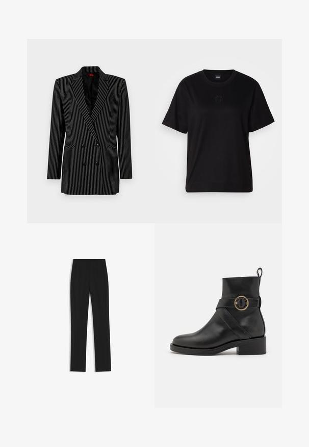 Black double-breasted blazer with white pinstripes, sharp lapels, long sleeves, textured fabric, and front pockets.; Black cotton t-shirt with a crew neckline, short sleeves, and an embroidered logo on the chest. Simple, relaxed fit with no patterns.; Black tailored trousers with a straight-leg design, featuring front pockets and a smooth, textured fabric. Neat, minimal detailing.; BOSS IRYNA BOOTIE - Platform ankle boots - black