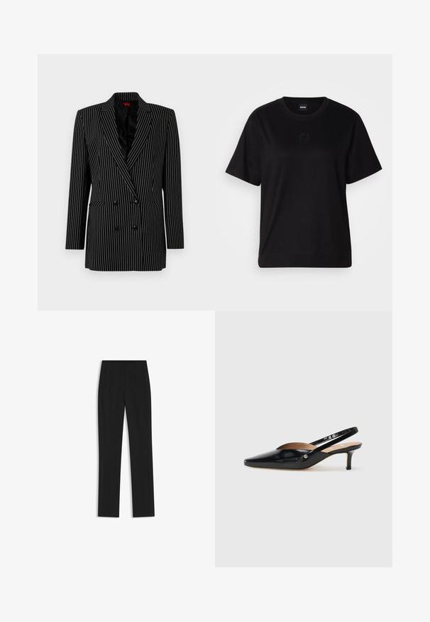 Schwarze doppelt knöpfbare Blazerjacke mit weißen Streifen, scharfen Revers, langen Ärmeln, strukturiertem Stoff und Taschen auf der Vorderseite.; Schwarzes Baumwoll-T-Shirt mit Rundhalsausschnitt, kurzen Ärmeln und aufgesticktem Logo auf der Brust. Einfacher, lässiger Schnitt ohne Muster.; Schwarze maßgeschneiderte Hose mit geradem Bein, ausgestattet mit Fronttaschen und einem glatten, strukturierten Stoff. Saubere, minimale Details.; Schwarze Lackleder Slingback-Pump mit spitzem Zehenbereich, kleinem Absatz und einem Ausschnittdesign auf dem Vorderteil. Hardware in Goldton als Akzent an der Seite.