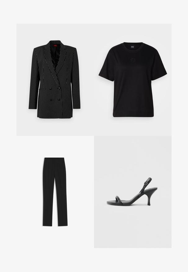 Blazer doppiopetto nero con righe bianche, rever affilati, maniche lunghe, tessuto testurizzato e tasche frontali.; Maglietta in cotone nera con scollatura tonda, maniche corte e logo ricamato sul petto. Design semplice e vestibilità rilassata senza motivi.; Pantaloni neri su misura con un design a gamba dritta, dotati di tasche frontali e un tessuto liscio e strutturato. Dettagli ordinati e minimalisti.; Sandali con tacco alto in pelle nera, con tacco sottile e curvo e design a fascia incrociata. Cinghia alla caviglia regolabile. Texture liscia.