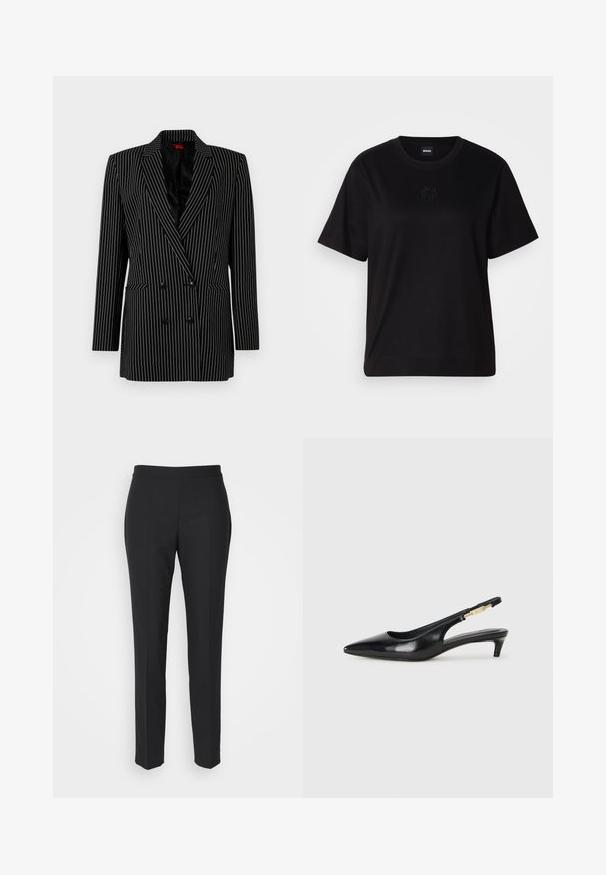 Blazer noir à double boutonnage avec des rayures blanches, revers pointus, manches longues, tissu texturé et poches avant.; T-shirt en coton noir avec un col rond, des manches courtes et un logo brodé sur la poitrine. Coupe simple et décontractée sans motifs.; Pantalons noirs ajustés avec une texture lisse, coupe slim et taille plate. Pas de matériel visible ; les coutures créent une silhouette épurée.; Talons hauts en cuir noir avec un bout pointu, dotés d'un talon fin et d'un accent en ton or sur la lanière réglable. Texture lisse.