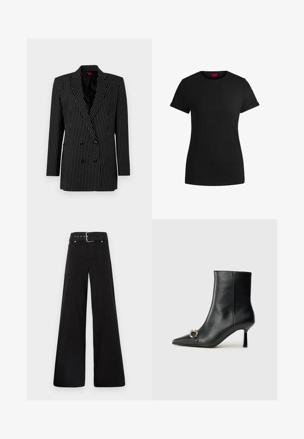 Sort dobbeltræs blazer med hvide striber, skarpe revers, lange ærmer, tekstureret stof og forlommer.; Sort bomulds T-shirt med korte opklappede ærmer, rund halsudskæring og et rødt mærke. Glat tekstur, tætsiddende form med minimal detaljer.; Sorte brede bukser lavet af bomuld, med høj talje, store sidelommer og en bæltestrop med sølvfarvede detaljer.; Sort læder ankelstøvle med spidse tæer, slank hæl i mellemhøjde og sølvspænde detaljer på siden mod en ensfarvet baggrund.