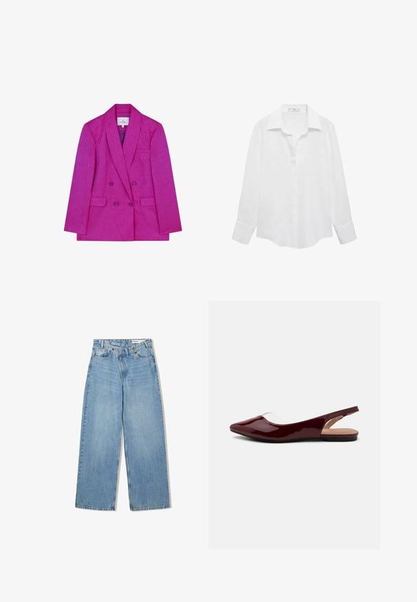 Fuchsia dobbelbrystet blazer med et tekstureret bølgemønster, der har klapkrave, to forlommer og lilla knapper.; Hvid langærmet skjorte med klassisk krave, knaplukning og et glat, let stof. Hjørnerne er let buede på siderne.; Lyseblå vide denimjeans med høj talje, fem lommer, knaplukning og diskret falmning for tekstur.; Burgunderfarvede patent slingback flade sko med spids tå, gennemsigtig udskæring og en flad sort sål. Glat tekstur, minimalistisk design.