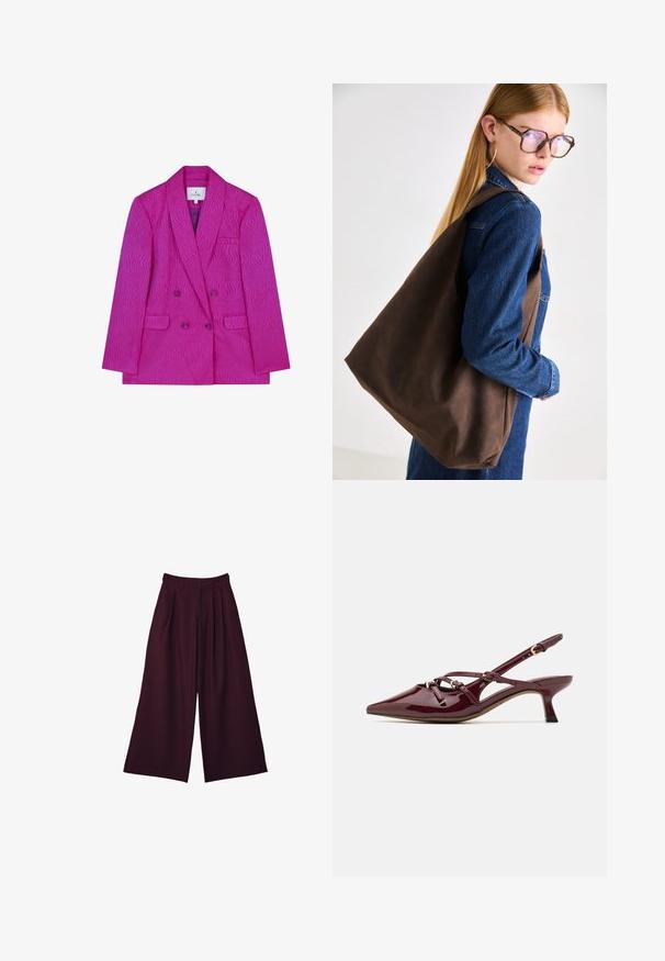 Fuchsia dubbelknäppt kavaj med ett mönster av texturerade vågor, med en svängd krage, två framfickor och lila knappar.; Fyrkantig rutig skjorta i nyanser av vinröd och brun, med knappfront, krage och en bröstficka. Mjuk tyg med långa ärmar.; Breda byxor i djupt burgundy tyg, med veck, hög midja och två sidofickor för både funktion och stil.; Burgunder patentläder slingback-sko med spetsig tå, liten häl, dekorativa remdetaljer och en glansig yta.; Brun läderväska med mjuk textur, som har en rymlig design och ett enda handtag. Bärs med en blå denimjacka.