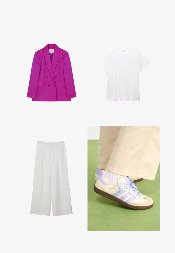 Blazer fucsia doppiopetto con un motivo a onda testurizzato, dotato di revers a punta, due tasche frontali e bottoni viola.; T-shirt bianco realizzato in un tessuto morbido e leggero. Presenta un collo rotondo e maniche corte e larghe con vestibilità morbida. Nessun motivo visibile.; Pantaloni bianchi a gamba larga realizzati in tessuto leggero, dotati di una vita elastica e di un cordino per una vestibilità regolabile. Texture liscia.; Sneakers crema e lavanda con tre strisce e suola marrone texturizzata, dotati di lacci e tallone imbottito. Parte superiore in tessuto morbido.