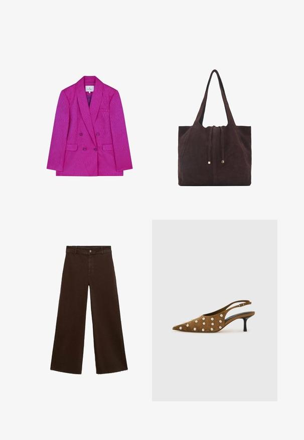 Fuchsia Doppelreiher-Blazer mit einem strukturierten Wellenmuster, ausgestattet mit einem Reverskragen, zwei vorderen Taschen und lila Knöpfen.; Brauner Kurzarmpullover mit hohem Kragen. Aus einem glatten, weichen Material gefertigt. Verfügt über eine lockere Passform und abgerundete Schulternaht.; Braune, weit geschnittene Hosen aus Baumwollmischung mit fransigem Saum, vorderem Knopfverschluss und klassischem Fünf-Taschen-Design. Minimalistisch und vielseitig.; Braune Wildleder Slingback-Kitten-Heel-Schuhe mit spitzer Zehenform und silbernen runden Nieten auf der Oberseite und den Seiten, vor einem schlichten weißen Hintergrund.; Mango Shopping Bag - dark brown