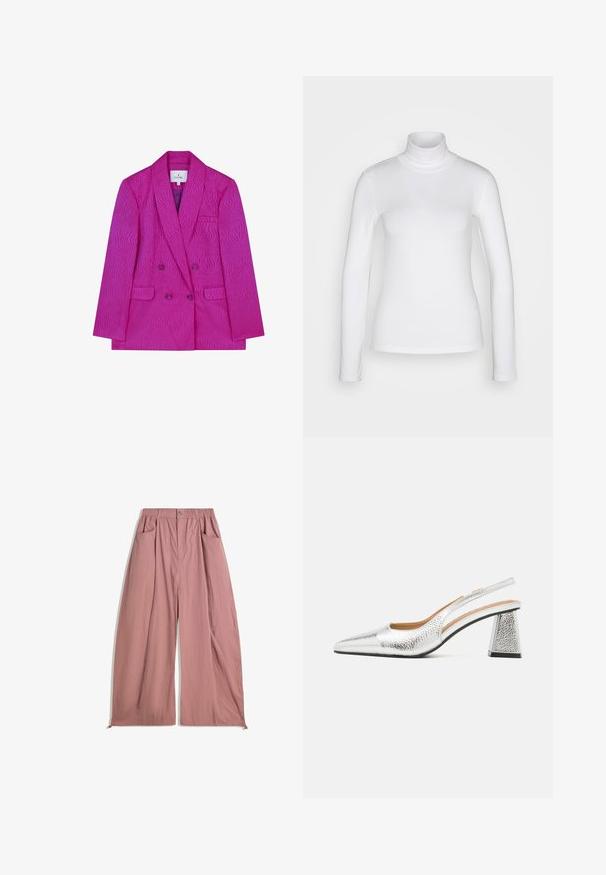 Fuksia kaksoisnappi bleiseri, jossa on rakenne aallon muoto, notched kaulus, kaksi etutaskua ja violetit napit.; Valkoinen pitkähiha pliseepaidan, joka on valmistettu sileästä ja joustavasta kankaasta. Ominaisuudet tiukka istuvuus ja korkea kaulus. Ei näkyviä kuvioita tai koristeita.; Vapaat, korkeavyötäröiset housut pehmeästä ruusunpunaisesta kankaasta. Sisältää joustavyötärön, kaksi sivutaskua ja sileän, teksturoidun pinnan.; Hopeapintaiset slingback-kengät, joissa on teräväkärkinen muotoilu, tekstuurinen metallipinta ja kolmiomukoinen korko. Sisäosa sisältää ruskeita nahkayksityiskohtia.