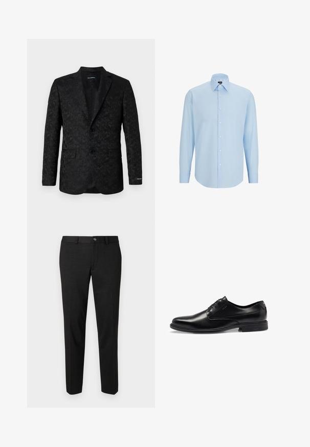 Black blazer featuring a textured paisley pattern, two buttons, notch lapels, and a single chest pocket for a tailored look.; Light blue long-sleeve dress shirt made of smooth fabric, featuring a button-down front, pointed collar, and regular fit.; Black trousers made of a smooth fabric. They feature a straight cut, a flat front, and a button closure with a simple waistband design.; Black leather dress shoe with a smooth finish, lace-up design, rounded toe, and subtle stitching details. Features a black rubber sole.