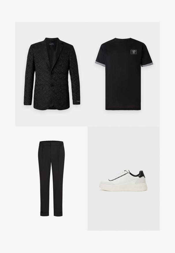 Juoda švarkas su tekstūruotu paisley raštu, dviem sagomis, atlenkta apykakle ir vienu krūtinės kišeniu, suteikiantis pritaikyto stiliaus išvaizdą.; Juodas medvilnės marškinėliai su apvaliu iškirpimu, trumpomis rankovėmis ir baltomis juostelėmis. Krūtinėje yra kvadratinė logotipo etikė.; Juodi kelnių su elastinga juosmena, tiesaus kirpimo ir sukurtomis rankovėmis. Pagaminti iš lygaus, audinio be raštų.; Balti sportbačiai su juodais odiniais akcentais, tekstūruota padas, raišteliai ir logotipo juosta šone. Yra lygus ir zomšos finišas.