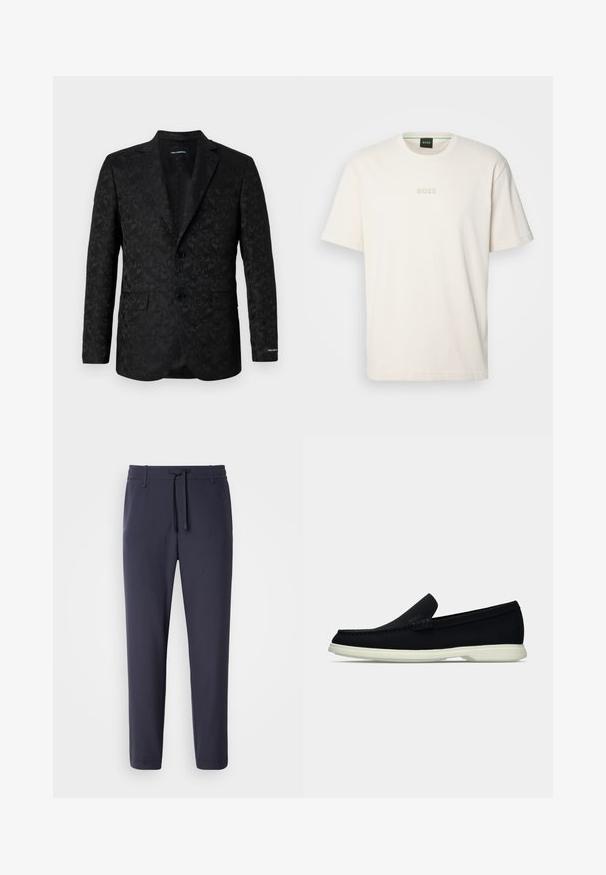 Melnā žakete ar teksturētu paisley rakstu, divām pogām, grieztiem atlokiem un vienu krūškurvja kabatu elegantiem izskatam.; BOSS TEE - Pamata T-krekls - open white; Jūras spēku sporta bikses ar elastīgu jostu un aukliņu. Izgatavotas no gludas materiāla, ar sašaurinātiem galiem un bez redzamām kabatām.; Melna slīdnešuve ar noapaļu purngalu, ar teksturētu augšdaļu, gludu baltu zoli un diskrētu zīmola detalizāciju sānos.