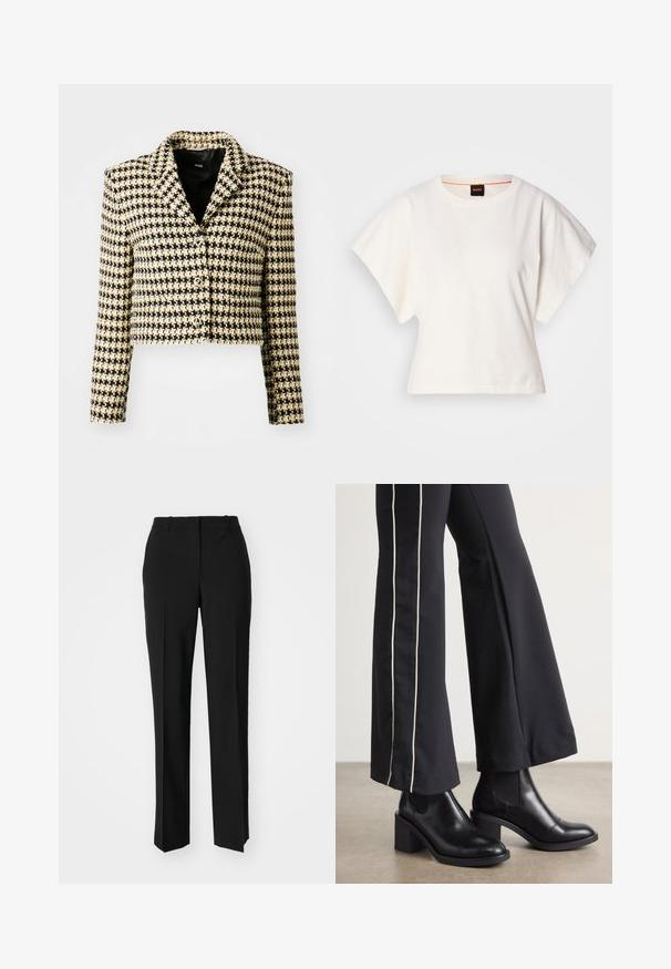 Casaco curto em um tecido texturizado de preto, amarelo e creme. Apresenta um colarinho com recorte e fechamento de três botões com detalhes metálicos.; T-shirt branco cropped, mangas curtas e largas, material de algodão suave, decote redondo com um discreto acabamento laranja, design minimalista, sem padrões ou gráficos.; Calças pretas de corte ajustado com um design de perna reta, apresentando uma textura lisa e pregas bem definidas na frente. Sem hardware visível.; Botas de tornozelo em couro preto com um salto bloco, apresentando painéis laterais elásticos. Combinadas com calças pretas que têm uma faixa lateral branca.