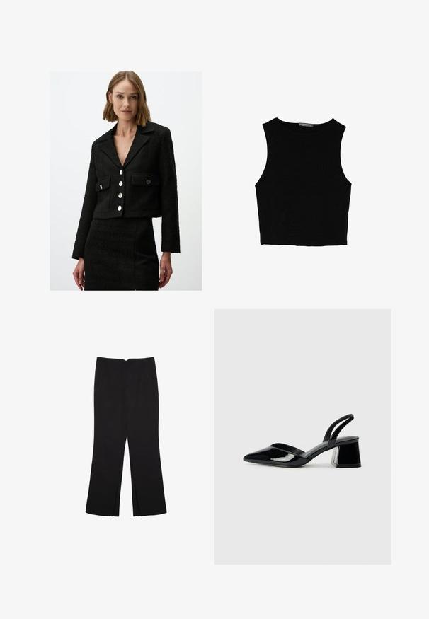 Czarna krótka kurtka z fakturowanej tkaniny z wysmuklonym kołnierzem, z dwiema przednimi kieszeniami i pięcioma dużymi guzikami w kolorze srebrnym.; Czarny bezrękawnik crop top z gładkiego materiału, z okrągłym dekoltem i czystym, prostym wzornictwem, bez wzorów czy metalowych elementów.; Czarne spodnie o prostym kroju, z przednimi kieszeniami i bocznymi rozcięciami na dole. Wykonane z miękkiego, gładkiego materiału. Odpowiednie na różne okazje.; Czarne lakierowane półbuty na obcasie z wydłużonym noskiem i geometrycznym słupkiem. Charakteryzują się eleganckim, minimalistycznym designem oraz gładką fakturą.