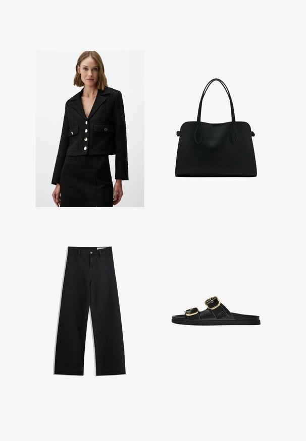 Zwarte cropped jas van textuurstof met puntige kraag, voorzien van twee voorkantzakken en vijf grote zilverkleurige knopen.; Witte katoenen t-shirt met korte mouwen en een ronde hals. Eenvoudig ontwerp, losse pasvorm, gladde textuur. Geen patronen of accenten zichtbaar.; Zwarte denim broek met wijde pijpen en een hoge taille, voorzien van voor- en achterzakken, gestikte naden en een knoopsluiting. Gladde textuur.; Zwarte slipper met twee gouden gesps, gladde textuur, platte zool en een minimalistisch ontwerp.; Zwarte leren handtas met dubbele schouderriemen, rechthoekige vorm en minimalistisch ontwerp op een witte achtergrond.