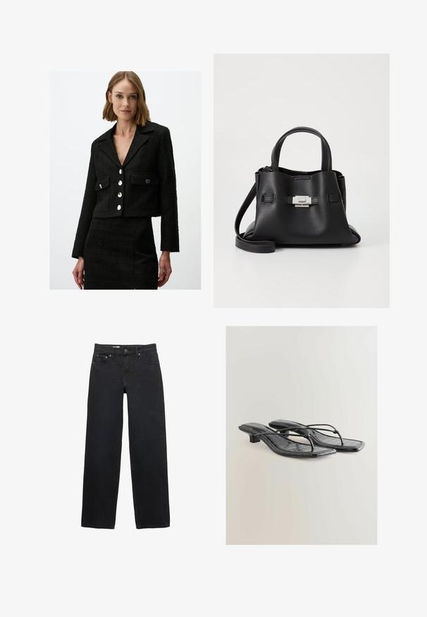 Zwarte cropped jas van textuurstof met puntige kraag, voorzien van twee voorkantzakken en vijf grote zilverkleurige knopen.; Zwarte, getailleerde camisole met verstelbare dunne spaghettibandjes, V-hals, naadloos ontwerp en een zachte textuur. Gemaakt van een zachte, rekbare stof.; Zwarte wijde jeans gemaakt van denim, met vijf zakken, een knoopsluiting, subtiele stiksels en een rechte snit van taille tot zoom.; Zwarte gepatenteerde nepleren sandalen met hak, vierkante neus, dunne bandjes en krokodillenstructuur. Ontwerp met lage blokhak.; Zwarte leren handtas met een gestructureerde afwerking, voorzien van twee handvatten, een verwijderbare schouderband en een zilveren sluiting.