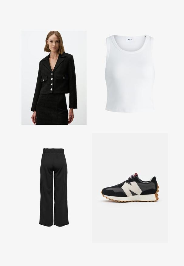 Giacca nera corta in tessuto texturizzato con colletto a punta, dotata di due tasche frontali e cinque grandi bottoni in tono argento.; Canottiera bianca a coste con scollatura rotonda, senza maniche e lunghezza cropped. Etichetta con la scritta "JJXX". Tessuto di texture liscia.; Pantaloni neri a gamba larga con cintura elastica, realizzati in tessuto liscio. Presentano un design pulito senza tasche o dettagli di cucitura visibili.; Sneaker in suede nero e grigio con un grande logo "N" color crema, lacci viola e una suola esterna in gomma gommosa texturizzata.