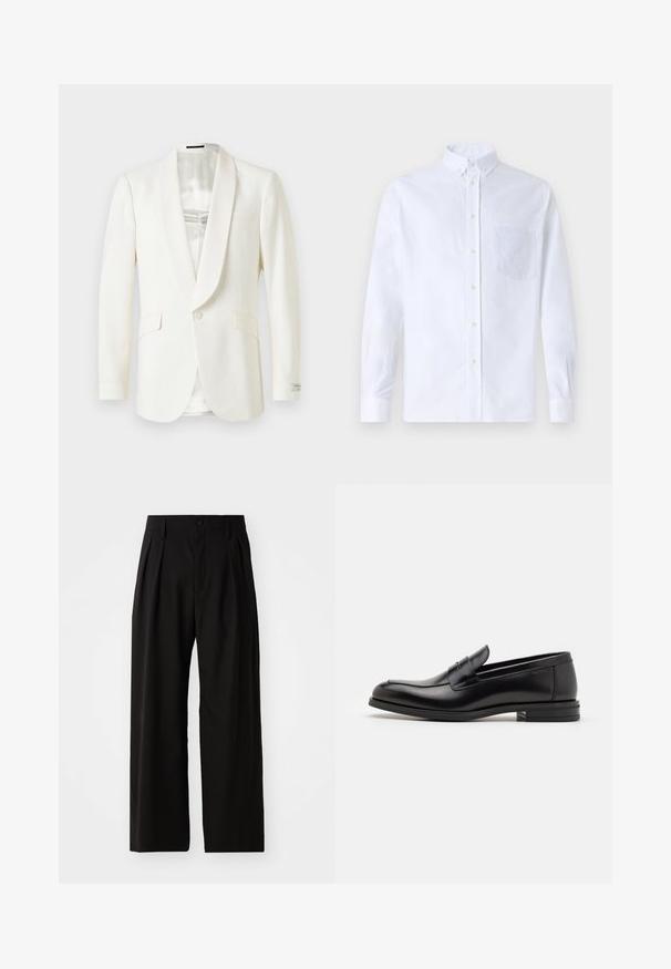 Hvid formel blazer med satin sjalskrave, enkelt knaplukning og to forlommer. Glat stof med skræddersyet silhuet.; Hvid langærmet skjorte med knapper lavet af bomuld, med en brystlomme med tonal broderi, krave og knapmanchetter.; Sorte bukser med vid ben, der har en glat overflade, to frontplisseringer, knaplukning og sidelommer. Holdbart stof.; Sorte læderloafers med en glat overflade, rund tå og en dekorativ strop over vampen. Lav hæl med stabeldesign, minimalistisk stil.