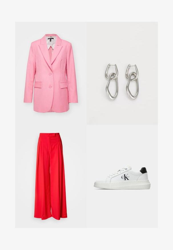 Sacou cu dungi roz, cu închidere cu două butoane, cu revere tăiate și două buzunare frontale. Fabricat dintr-un material texturat, are o croială ajustată.; Top alb fără mâneci, realizat dintr-un material neted, cu decolteu rotund și o siluetă ajustată. Fără modele sau accente vizibile.; Pantaloni largi roșii dintr-un material neted, cu pliuri frontale, talie plată și croială ajustată. Designul subliniază o siluetă fluidă.; Adidași albi cu glezna joasă, cu tab-ul de călcâi negru, talpă platformă, șireturi și logo-ul "CK" de la Calvin Klein pe lateral.; Calvin Klein STATEMENT LINKS - Cercei - silver-coloured