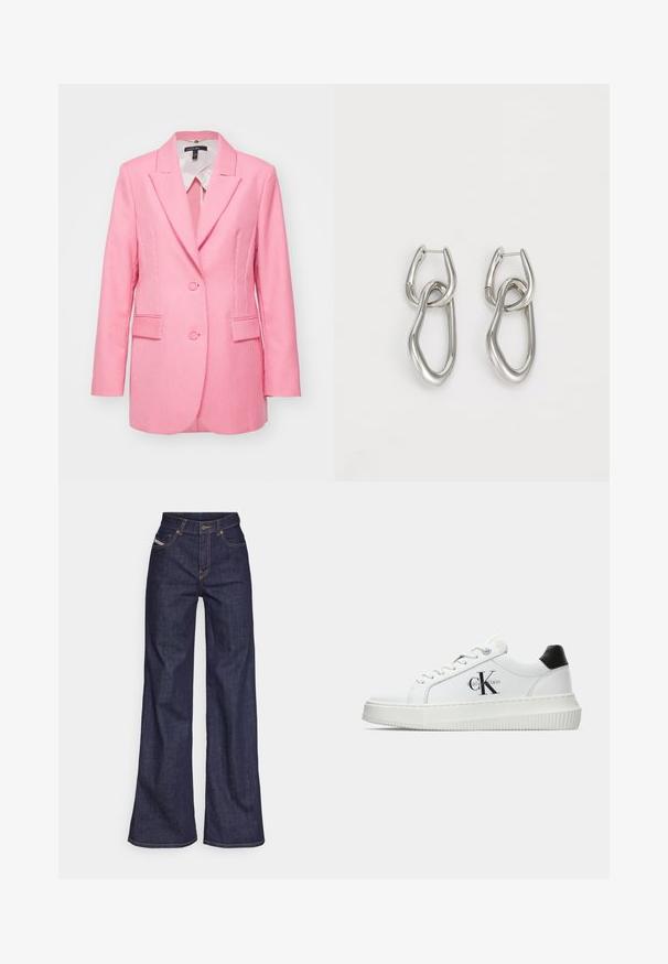 Růžový pruhovaný blazer s dvojitým zapínáním, klopami a dvěma předními kapsami. Vyrobený z texturované tkaniny, má přiléhavý střih.; Bílý krátký rukáv tričko vyrobené z bavlny. Má kulatý výstřih a hladkou texturu, s minimálním viditelným švem na lemu.; Tmavě modré džíny s širokým střihem vyrobené z denimové tkaniny, s vysokým pasem, oranžovým prošíváním, pěti kapsami a zapínáním na knoflík.; Bílé nízké tenisky s černým patním tabem, platformovou podrážkou, tkaničkami a logem Calvin Klein "CK" na boku.; Calvin Klein STATEMENT LINKS - Náušnice - silver-coloured