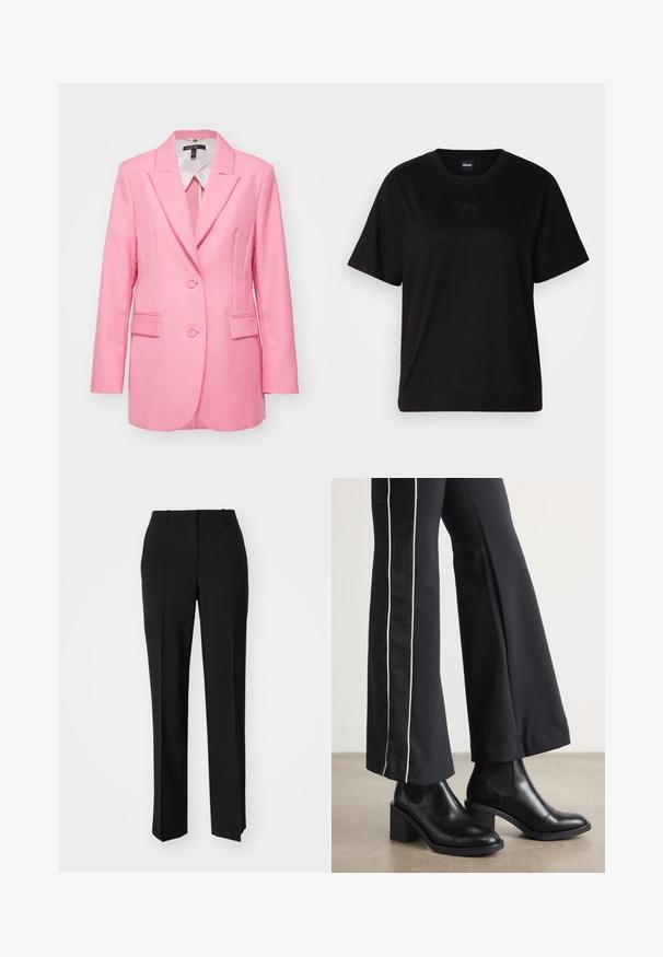 Rožinė dryžuota švarkas su dvigubu mygtukų uždarymu, įpjautais apykaklėmis ir dviem priekinių kišenių. Pagamintas iš tekstūruoto audinio, turi pritaikytą siluetą.; Juodas medvilninis marškinėliai su apvalia iškirpte, trumpomis rankovėmis ir siuvinėjimu ant krūtinės. Paprastas, laisvas siluetas be raštų.; Juodi pritaikyti kelnių modeliai su tiesiomis kojomis, pasižyminčios lygiomis tekstūromis ir ryškiomis klostėmis priekyje. Nėra matomų detalių.; Juodi odiniai auliniai batai su plataus bloko kulnu, turintys elastines šonines dalis. Sukomplektuoti su juodomis kelnėmis, turinčiomis baltą šoninės juostą.