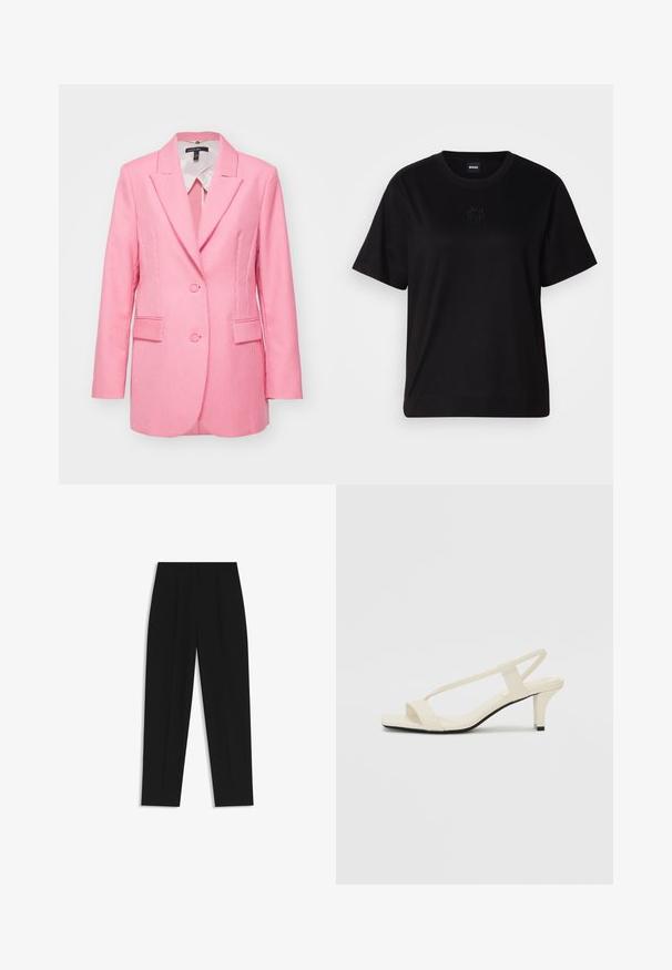 Vaaleanpunainen raidallinen bleiseri, jossa on kaksipainikeinen kiinnitys, viiltohuulet ja kaksi etutaskua. Valmistettu tekstuuritusta kankaasta, siinä on muotoiltu istuvuus.; Musta puuvillapaita, jossa on pyöreä kaula-aukko, lyhyet hihat ja brodeerattu logo rinnassa. Yksinkertainen, rento istuvuus ilman kuvioita.; Mustat housut suoran istuvuuden kanssa, joissa on kaksinkertaiset laskokset, sileä pinta ja klassinen vyötärönauhan muotoilu. Ei näkyviä metalliosia tai koristeita.; Beige sandaalit, joissa on loiva korko, ohuet hihnat ja neliönmallinen varvasosa. Sileä materiaali, jossa on minimaalista yksityiskohtaa, suunniteltu helppokäyttöiseksi.