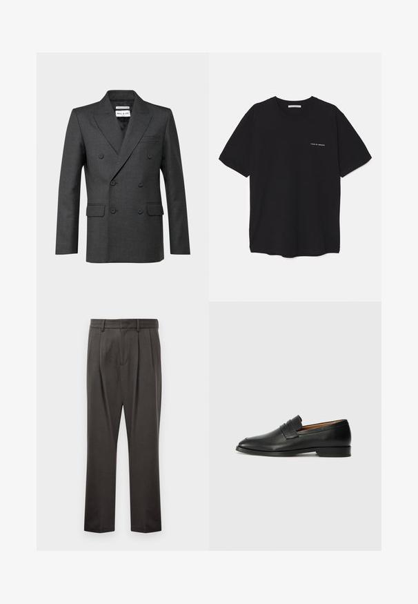 Blazer double boutonnage gris foncé avec un col à revers, deux poches avant et une texture subtile. Étiquette visible à l'intérieur de la zone du col.; T-shirt en coton noir avec un col rond, des manches courtes et un logo blanc imprimé sur la poitrine gauche. Design simple, couleur unie.; Pantalon gris foncé en tissu texturé, avec une taille plate, des plis, des jambes droites et des passants de ceinture. Pas de quincaillerie ni de motifs visibles.; Mocassin en cuir noir avec un bout arrondi, des coutures subtiles et un talon bas, présentant une texture lisse et un design minimaliste.