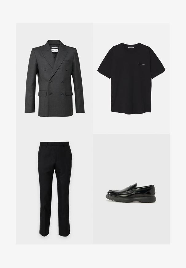 Ciemnoszary dwurzędowy marynarka z klapami, dwoma przednimi kieszeniami i subtelną teksturą. Metka widoczna wewnątrz na obszarze kołnierza.; Czarny bawełniany T-shirt z okrągłym dekoltem, krótkimi rękawami i białym nadrukiem logo na lewej piersi. Prosty, jednolity kolor.; Czarne eleganckie spodnie o dopasowanym kroju, z bocznymi kieszeniami i gładką teksturą. Krawędzie wykończone są czystym szwem.; Czarne skórzane mokasyny o błyszczącym wykończeniu, zaokrąglonym nosku, subtelnych detalach szycia i grubym gumowym spodzie dla trwałości.