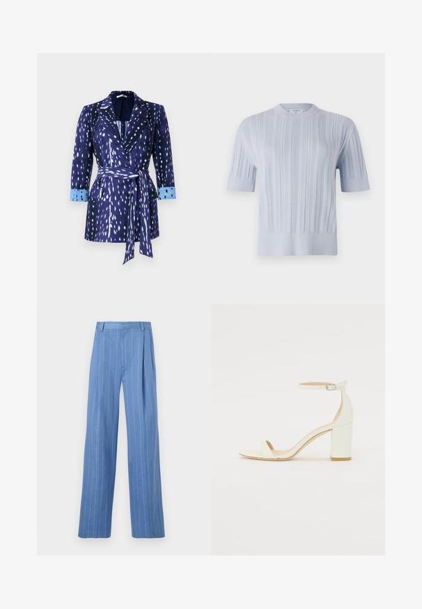 Námornícka bunda s bielymi vzormi, dlhými rukávmi a modrými manžetami. Má opasok v páse a golier s klopou. Vyrobené z textúrovaného materiálu.; Svetlomodrý pletený top s krátkym rukávom, ktorý má vertikálnu rebrovanú textúru a okrúhly výstrih. Tkanina má jemné detaily s priliehavým lemom.; Svetlomodré široké nohavice s vertikálnymi bielymi pruhmi. Vyrobené z hladkého materiálu, s predným záhybom a jednoduchým dizajnom pásu.; Biele kožené sandále na blokovom podpätku s remienkom okolo členku a minimalistickým dizajnom. Otvorená špička a hladké textúry po celom povrchu.