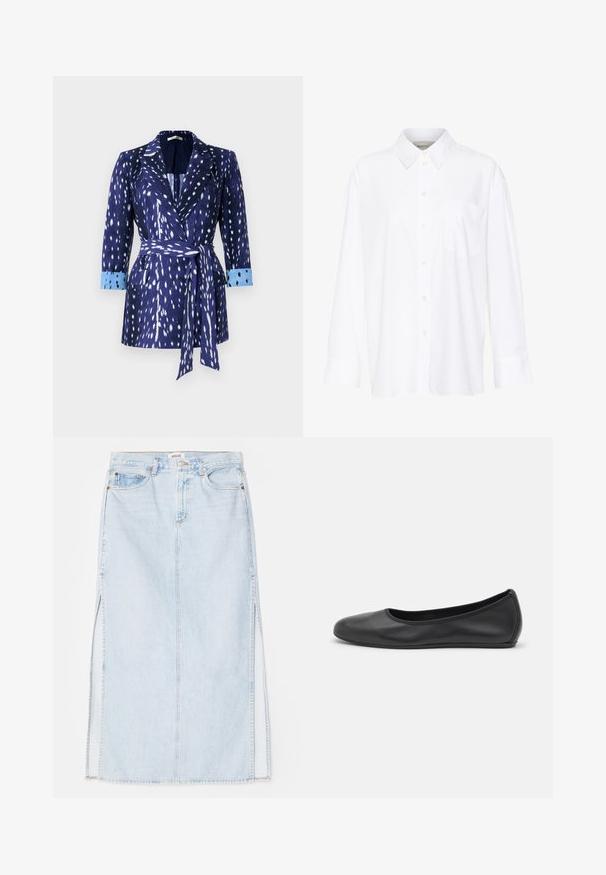 Tumesinine jakk, millel on valged mustrid, pikad varrukad ja sinised mansetid. Omab vöödega talje ja kraega kraed. Valmistatud tekstuursest kangast.; Valge pika käisega krae särg, mis on valmistatud puuvillast. Omab nööbipaneeli esiosa ja ühte rinna taskut. Sujuv tekstuur, vabalt lõigatud.; Heledsinine denim maxi seelik sirge lõikega, millel on külgmised lõhed ja viie taskuga disain. Silmapaistev õmblus ja metallist nööp sulgemiseks.; Musthave mustika tantsutossud mustast nahast, ümmarguse varbaga, siledast tekstuurist, minimaalse õmblusdetailiga ja paindliku tallakujundusega.